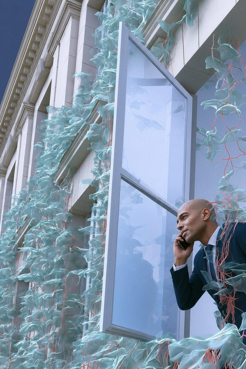 Homme en costume à la fenêtre végétalisée Un homme en costume parlant au téléphone depuis une fenêtre ouverte entourée de plantes grimpantes synthétiques bleu clair.