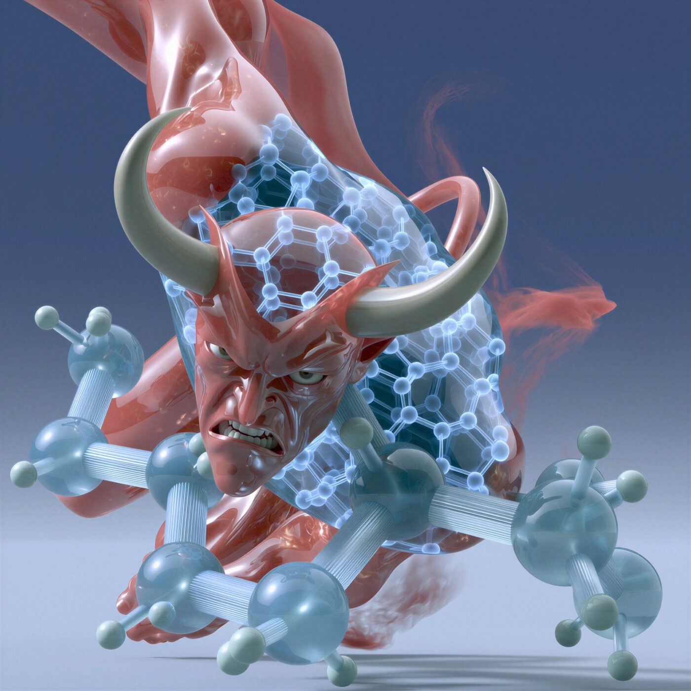 Illustration 3D d'un démon rouge cornu entrelacé avec des structures moléculaires et nanométriques bleues.