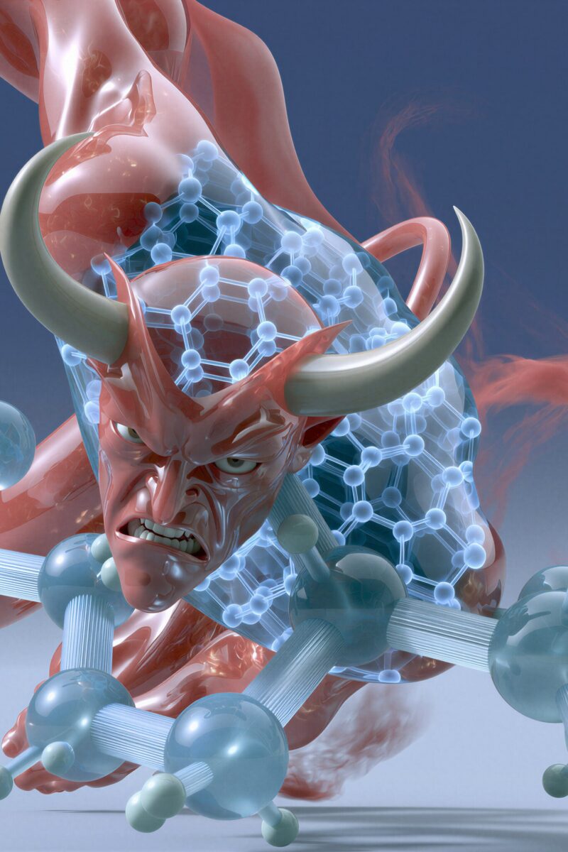 Illustration 3D d'un démon rouge cornu entrelacé avec des structures moléculaires et nanométriques bleues.
