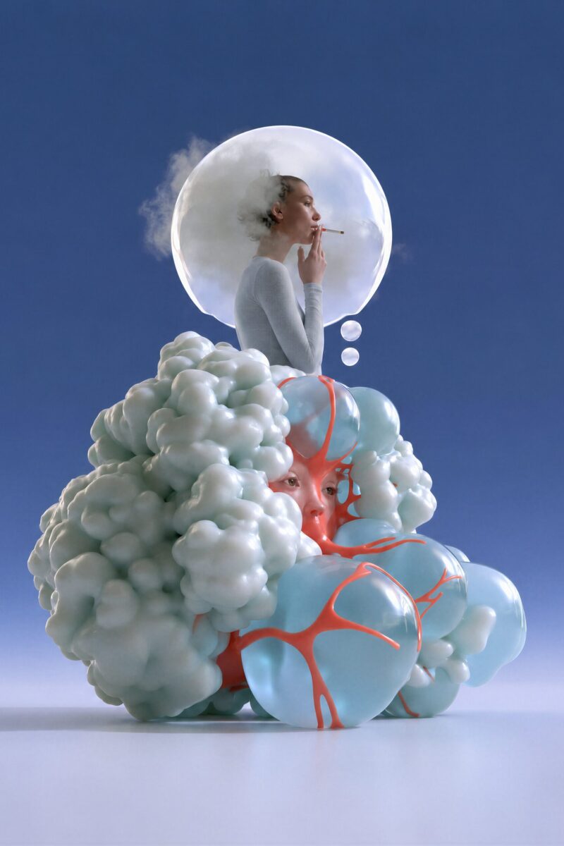 Création surréaliste représentant une femme fumant dans une bulle de pensée au-dessus d'une structure organique.