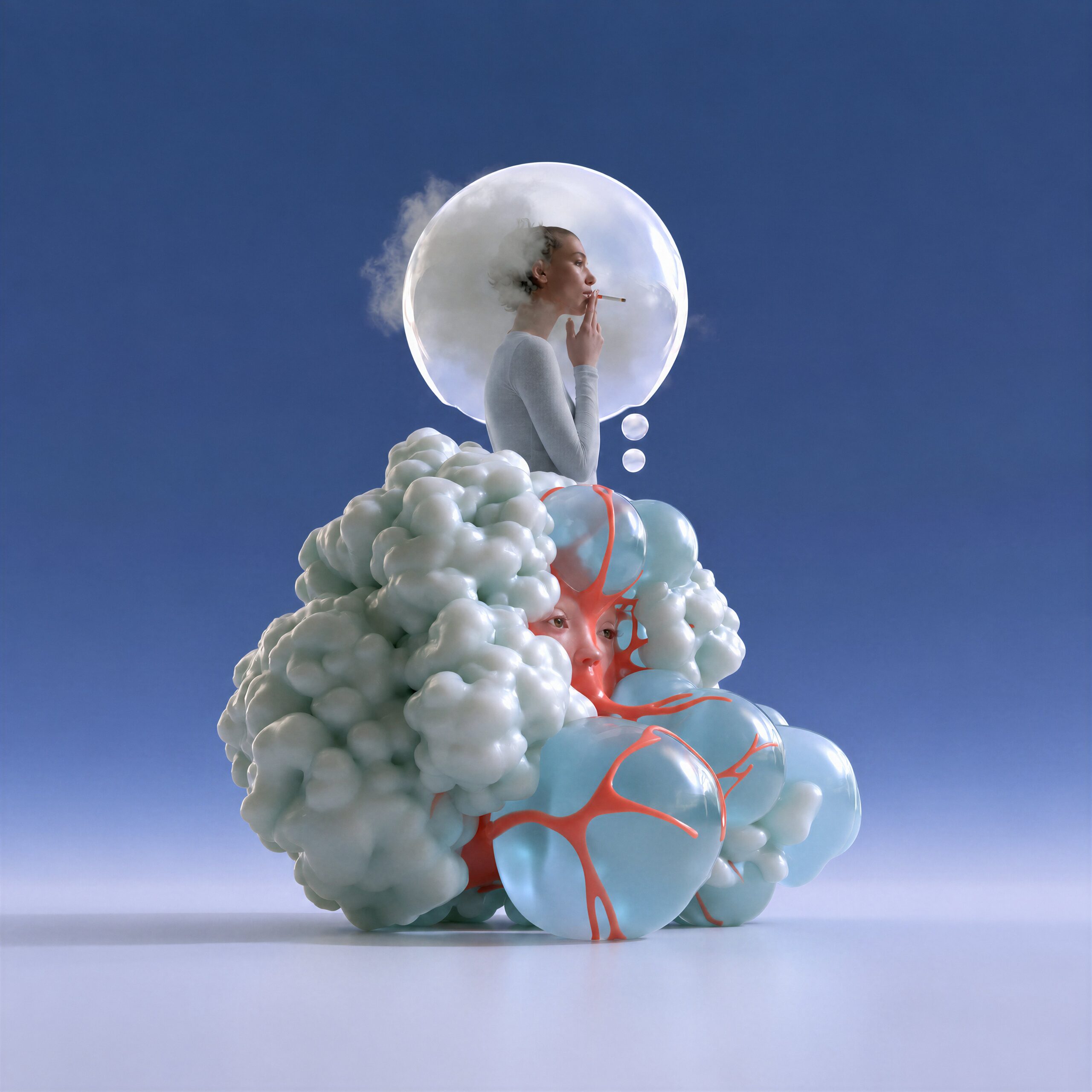 Création surréaliste représentant une femme fumant dans une bulle de pensée au-dessus d'une structure organique.