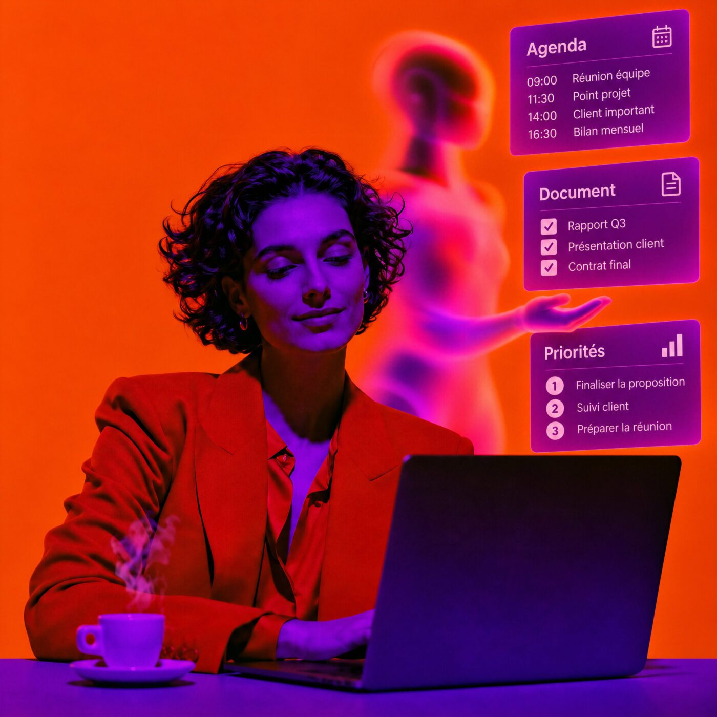 Une femme travaillant sereinement sur un ordinateur portable pendant qu'une silhouette virtuelle gère son agenda et ses tâches.