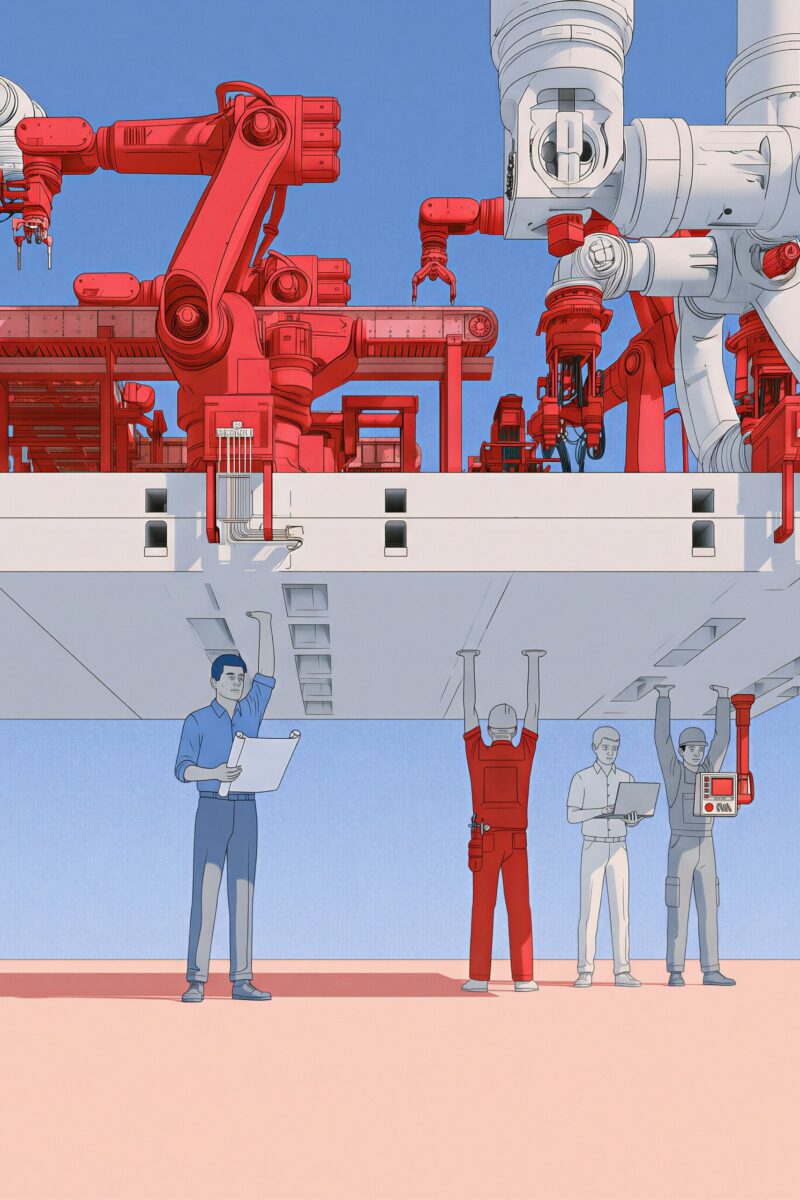 Illustration conceptuelle de quatre ouvriers soutenant à bout de bras une lourde plateforme industrielle sur laquelle fonctionnent des bras robotiques.