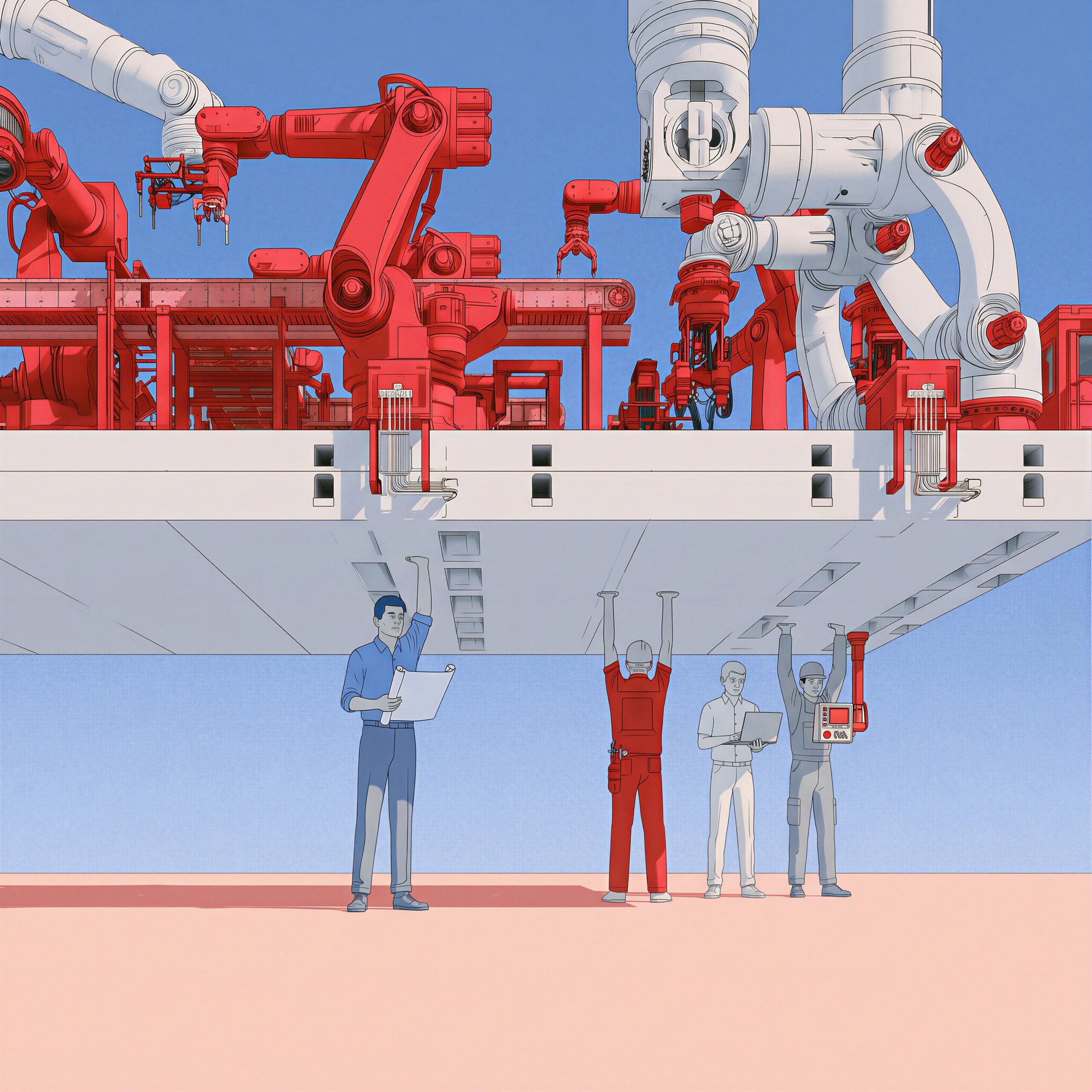 Illustration conceptuelle de quatre ouvriers soutenant à bout de bras une lourde plateforme industrielle sur laquelle fonctionnent des bras robotiques.