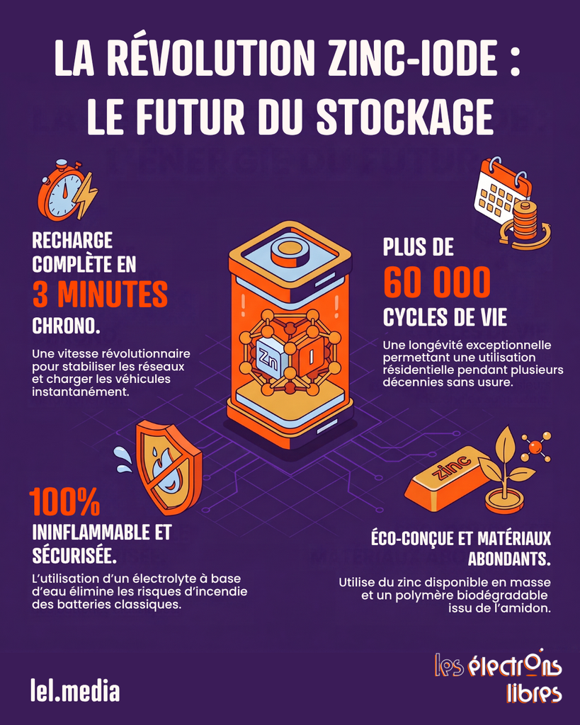 Infographie présentant les avantages de la technologie de batterie au zinc-iode pour le stockage d'énergie.