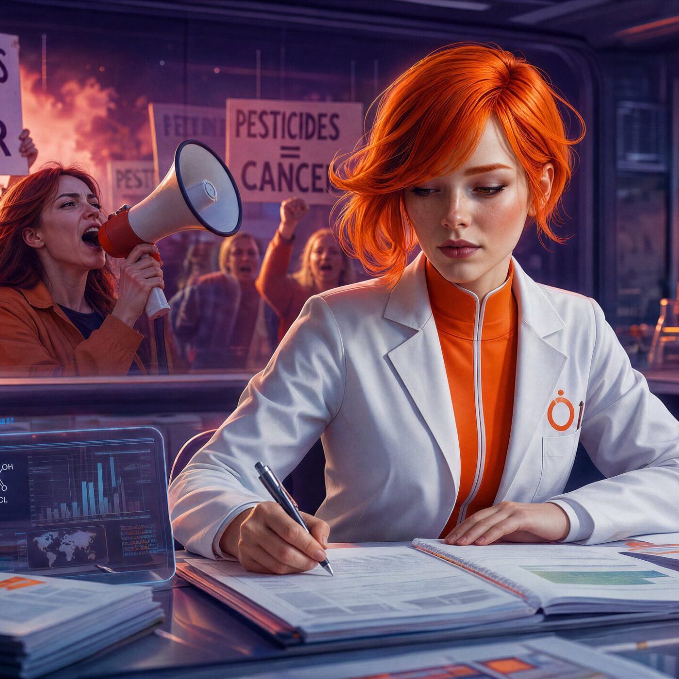Céleste, une scientifique rousse, travaille calmement dans son laboratoire pendant qu'une foule manifeste derrière la vitre.