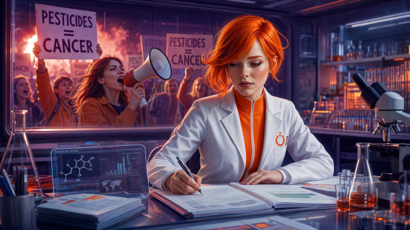 Céleste, une scientifique rousse, travaille calmement dans son laboratoire pendant qu'une foule manifeste derrière la vitre.