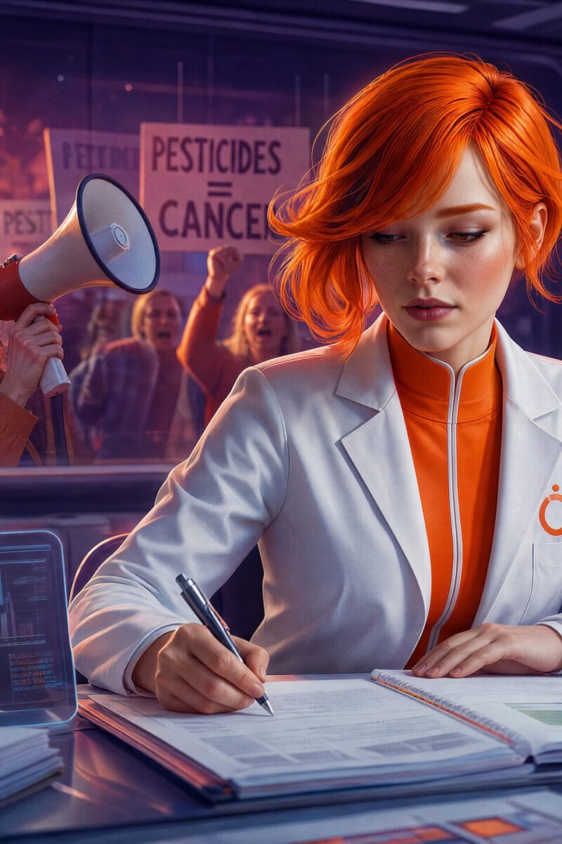 Céleste, une scientifique rousse, travaille calmement dans son laboratoire pendant qu'une foule manifeste derrière la vitre.