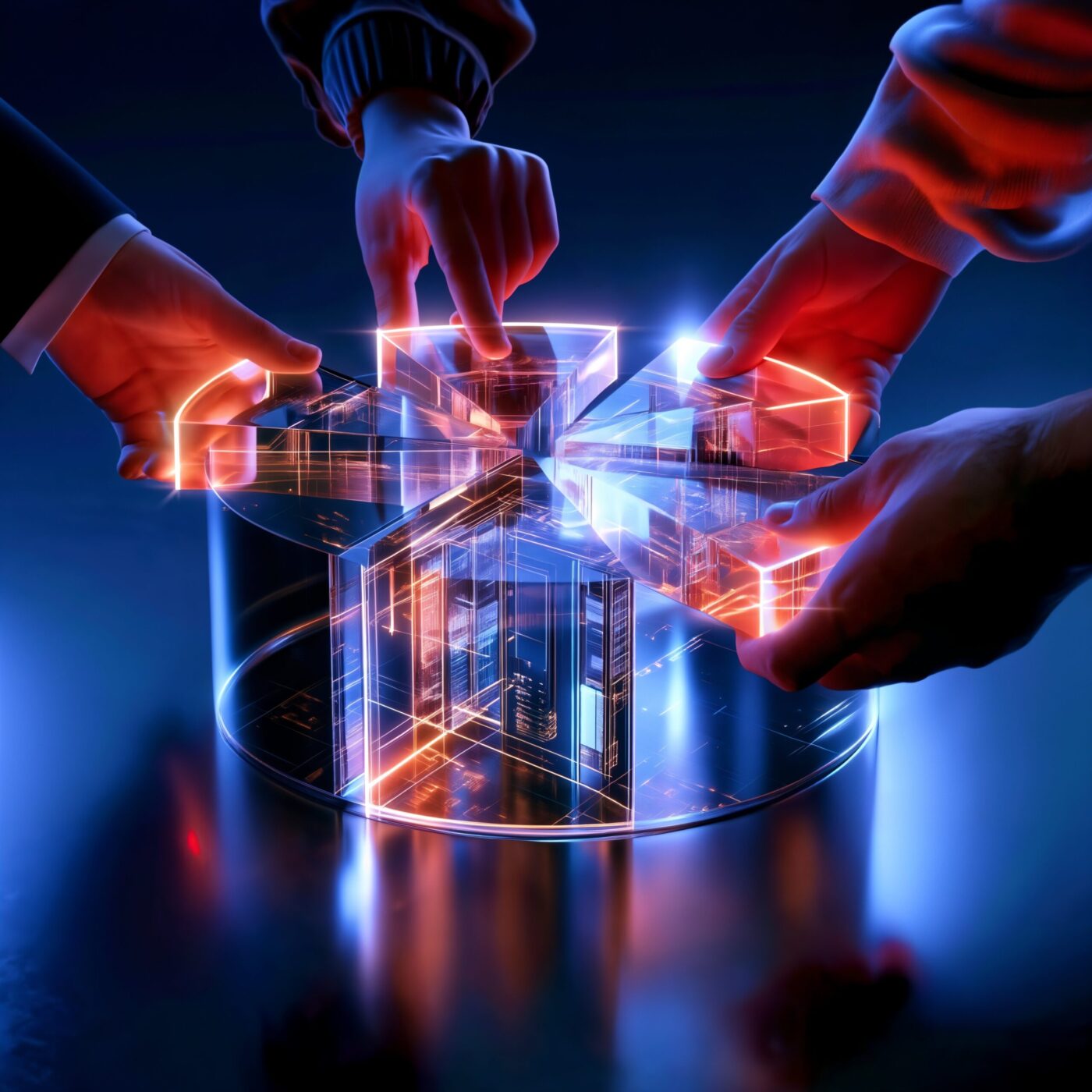 Mains assemblant les parts lumineuses d'un graphique circulaire futuriste en verre.