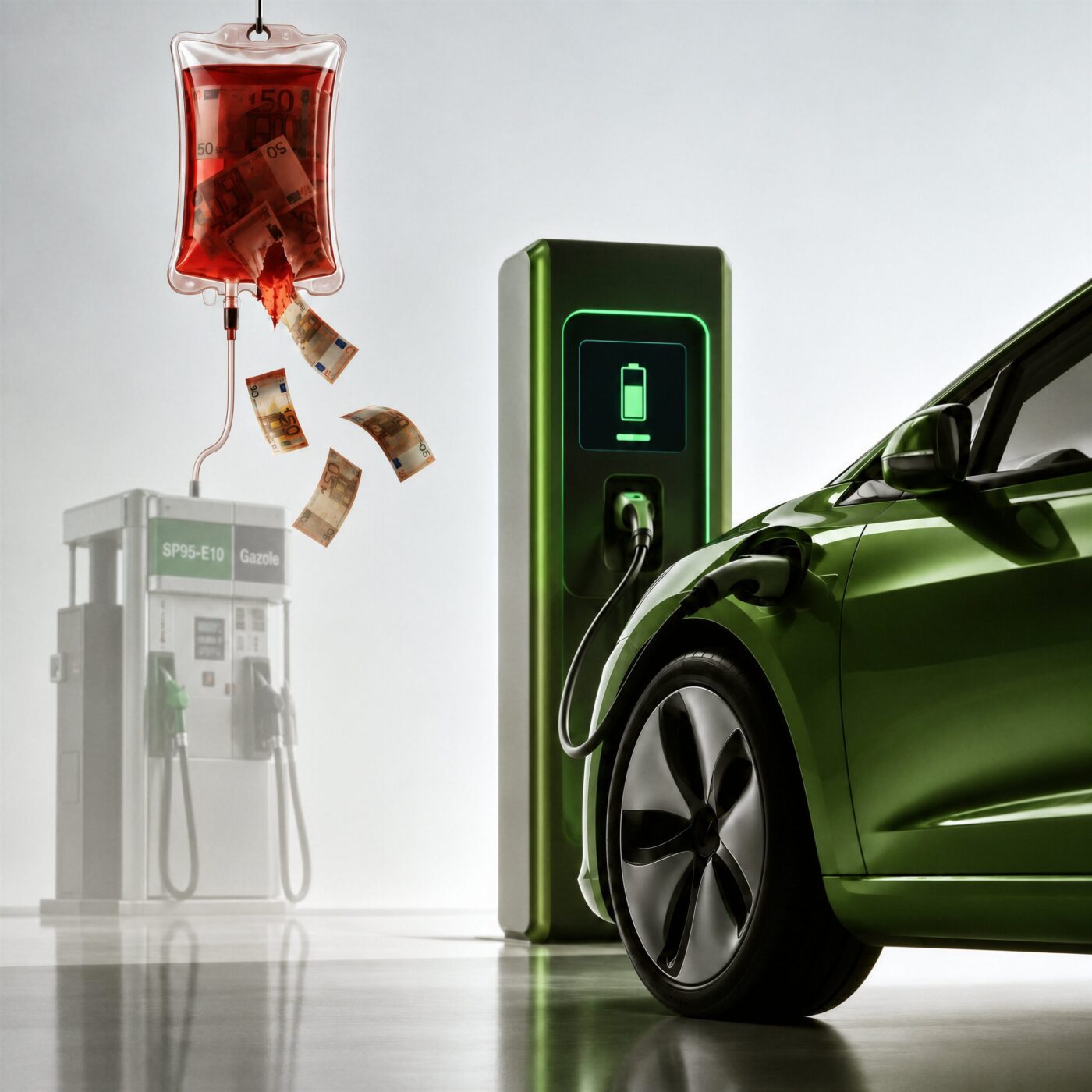 Illustration conceptuelle opposant une voiture électrique branchée à une borne et une pompe à essence perfusée de billets d'euros.