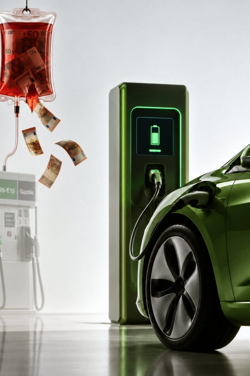 Illustration conceptuelle opposant une voiture électrique branchée à une borne et une pompe à essence perfusée de billets d'euros.