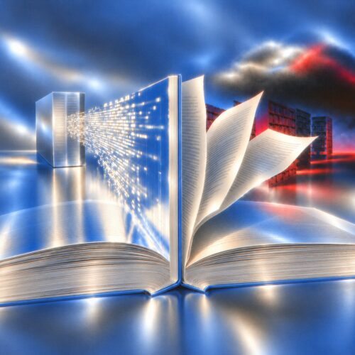 Illustration conceptuelle d'un livre ouvert recevant un flux de données lumineuses en provenance d'un serveur informatique.