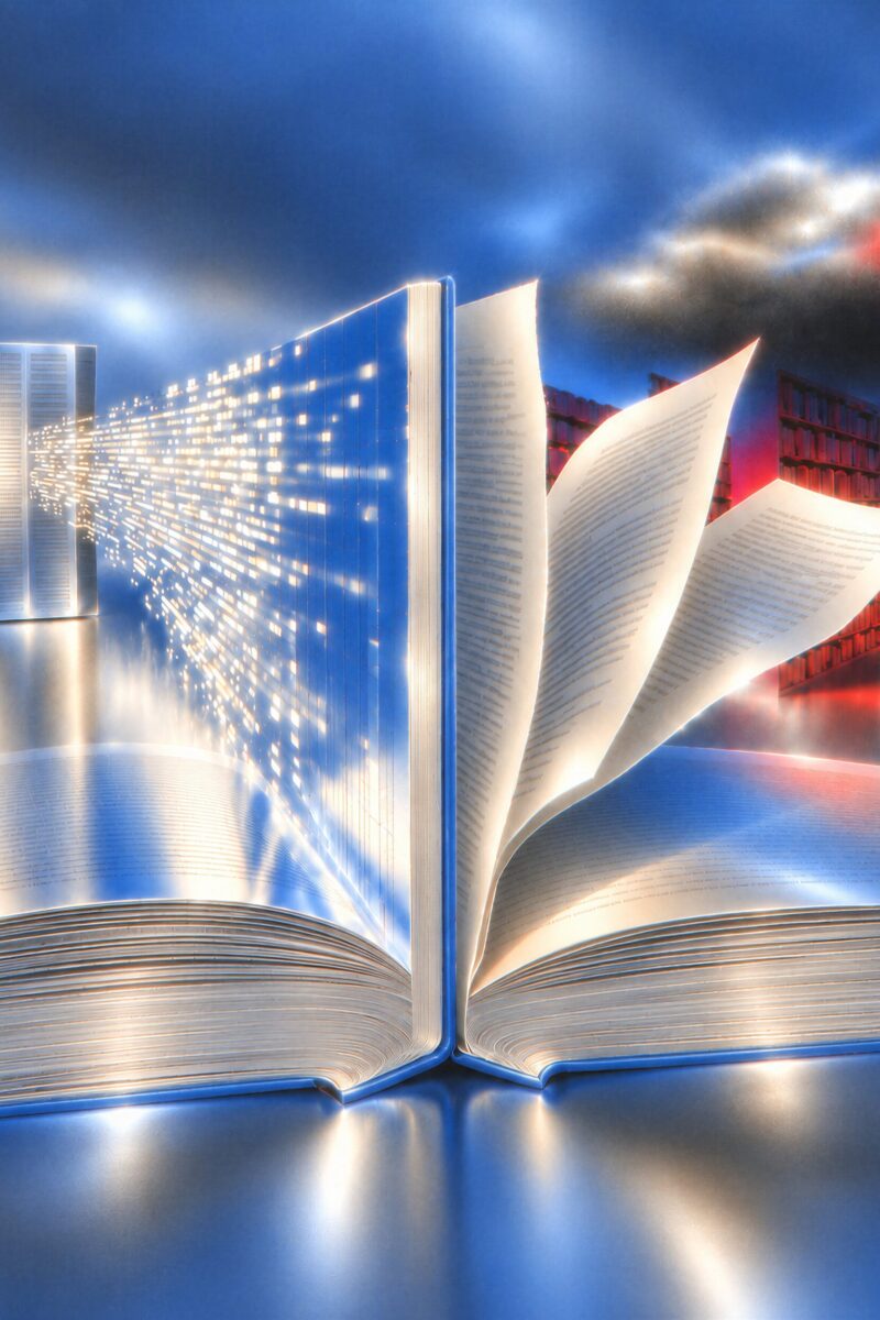 Illustration conceptuelle d'un livre ouvert recevant un flux de données lumineuses en provenance d'un serveur informatique.