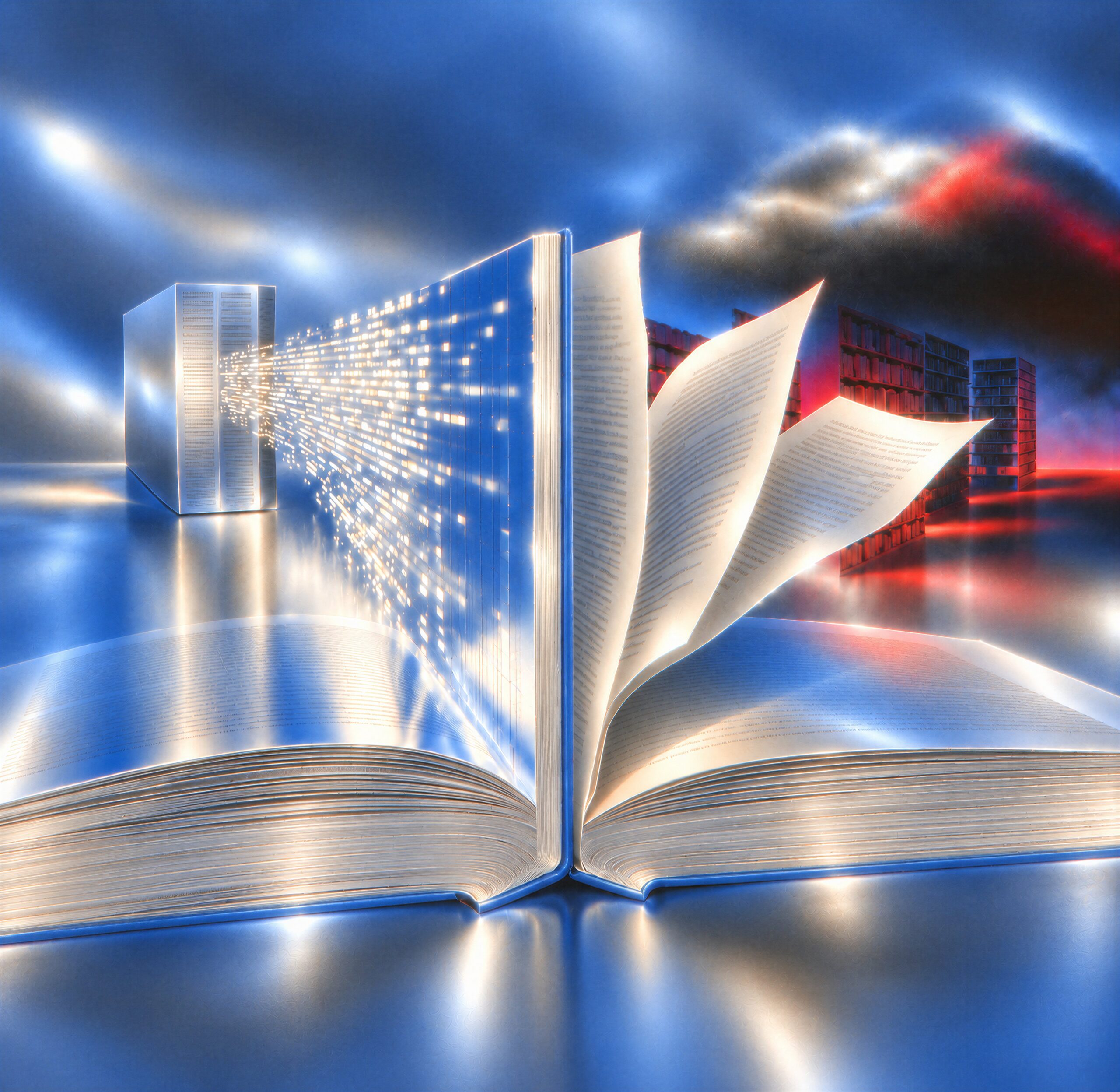 Illustration conceptuelle d'un livre ouvert recevant un flux de données lumineuses en provenance d'un serveur informatique.