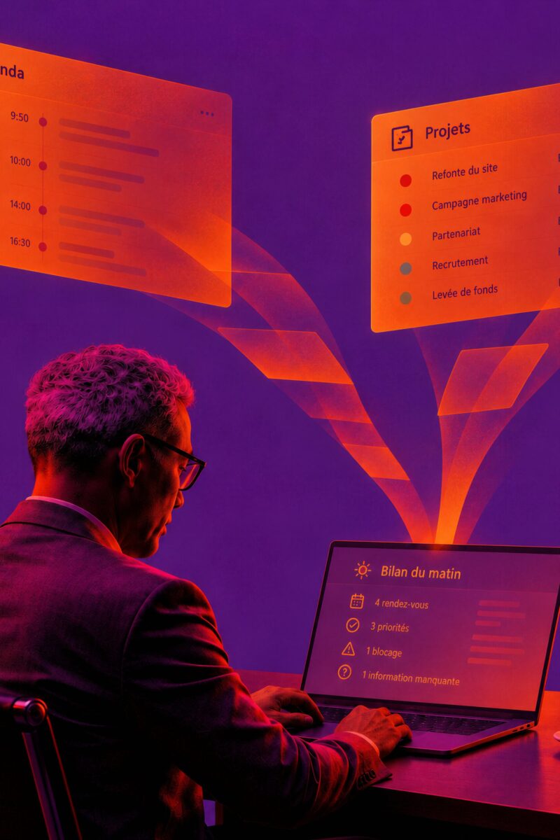 Un professionnel travaillant sur un ordinateur portable d'où émergent des panneaux holographiques d'agenda et de gestion de projets.