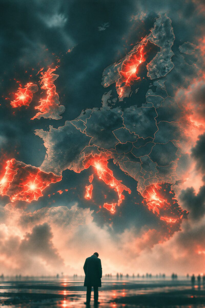 Silhouette d'un homme contemplant une carte de l'Europe embrasée de rouge dans un ciel sombre et orageux.