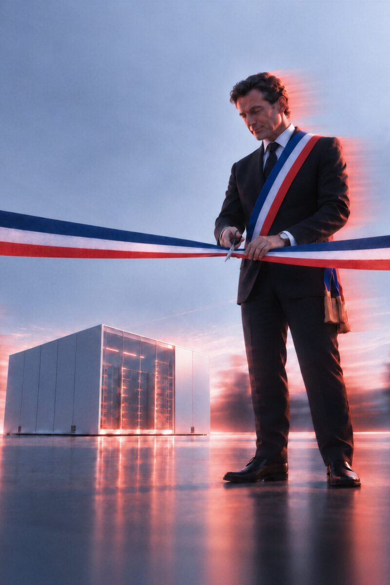 Un officiel portant une écharpe tricolore coupe un ruban d'inauguration devant une infrastructure technologique.
