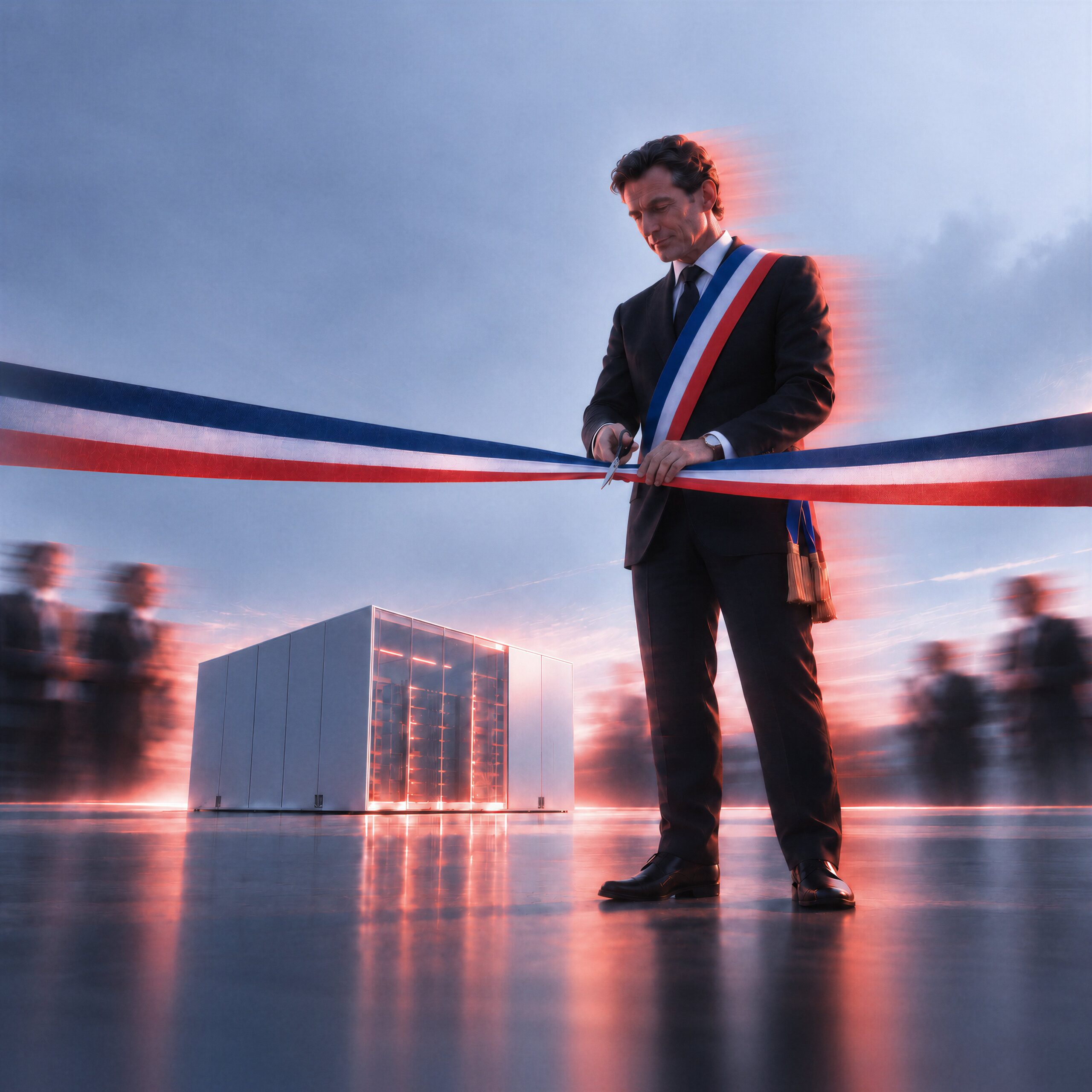 Un officiel portant une écharpe tricolore coupe un ruban d'inauguration devant une infrastructure technologique.