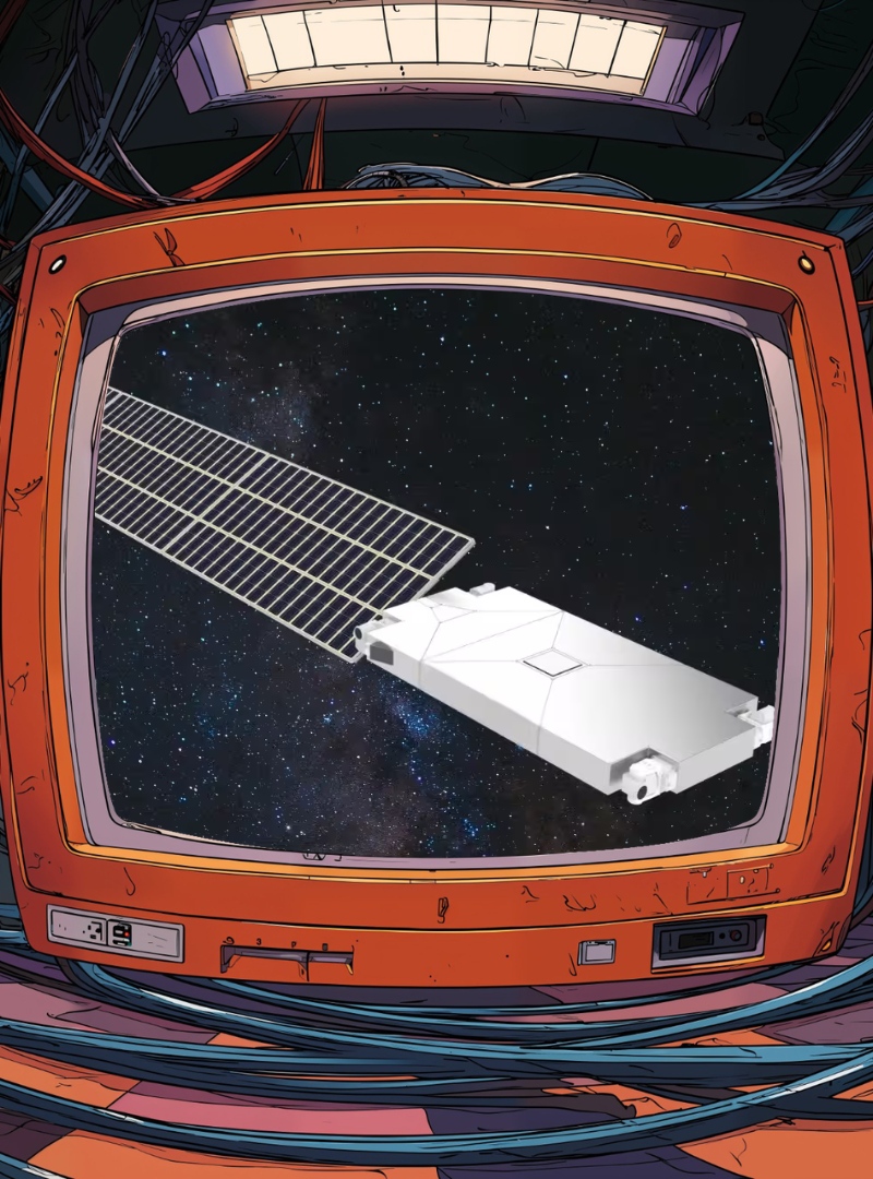 Un satellite en orbite spatiale affiché sur l'écran d'un téléviseur rétro entouré de câbles.