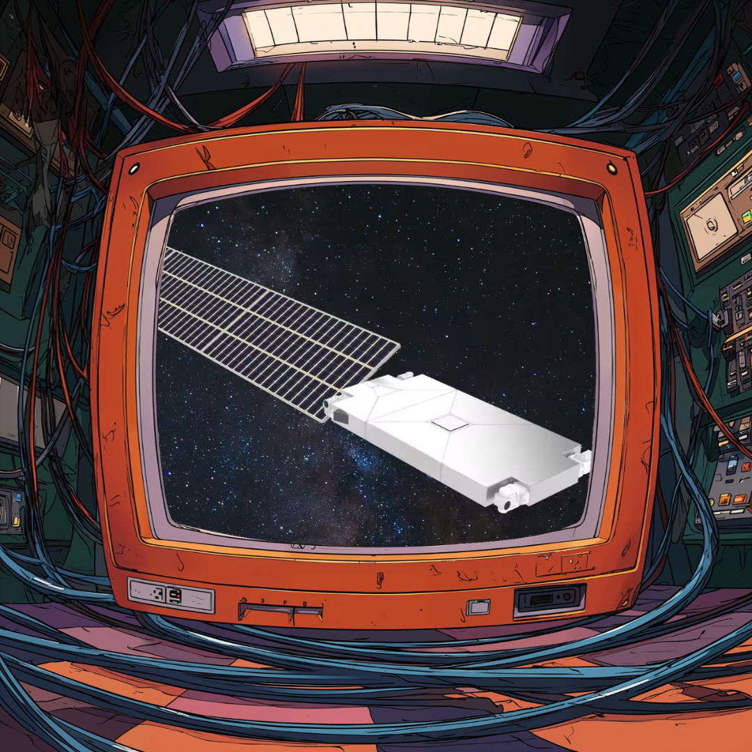 Un satellite en orbite spatiale affiché sur l'écran d'un téléviseur rétro entouré de câbles.