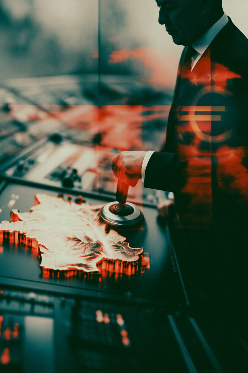 Homme en costume manipulant une manette près d'une carte géographique lumineuse sous le symbole de l'euro.