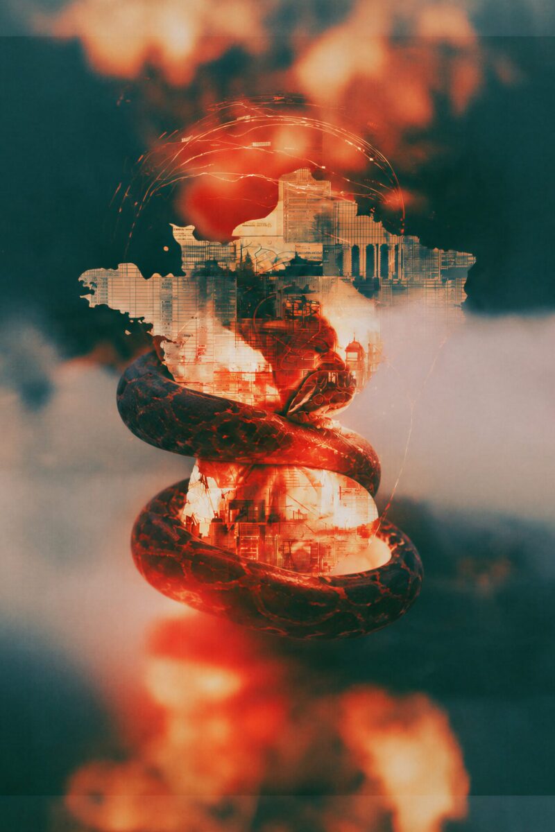 Illustration surréaliste de la carte de France enserrée par un serpent géant dans la fumée et les flammes.