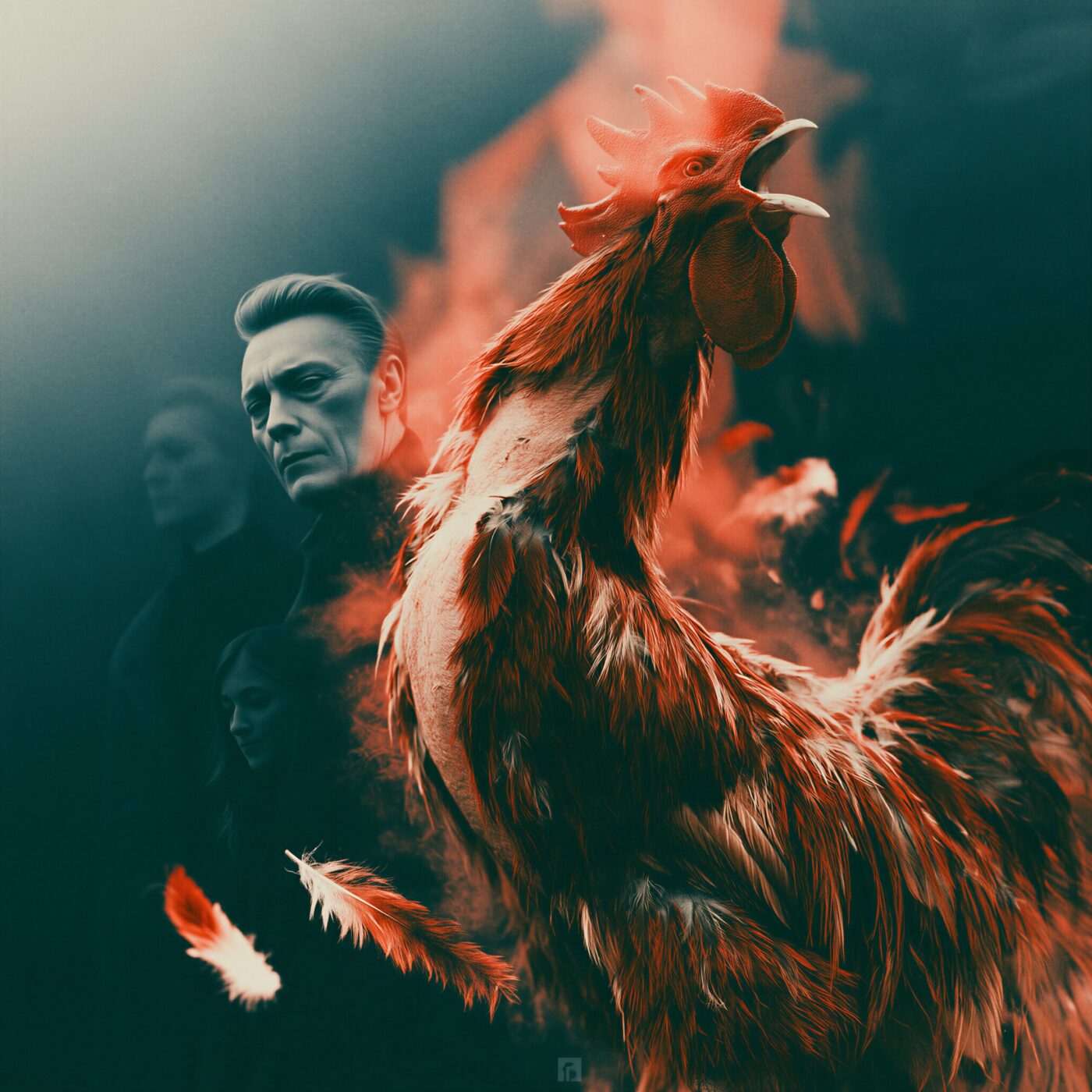 Un coq flamboyant chantant la tête dressée au premier plan, entouré de plumes flottantes et de visages mystérieux dans l'obscurité.