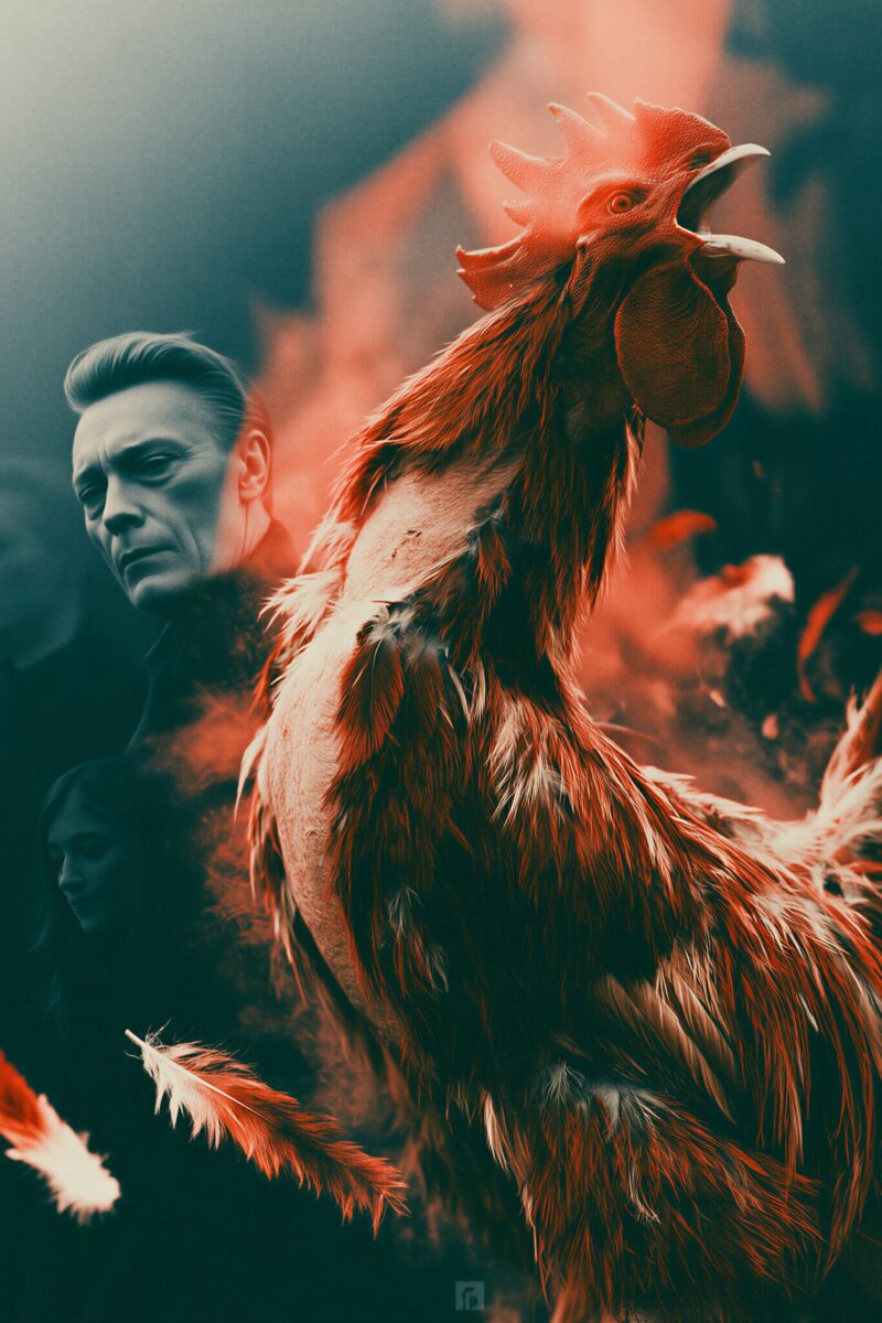 Un coq flamboyant chantant la tête dressée au premier plan, entouré de plumes flottantes et de visages mystérieux dans l'obscurité.