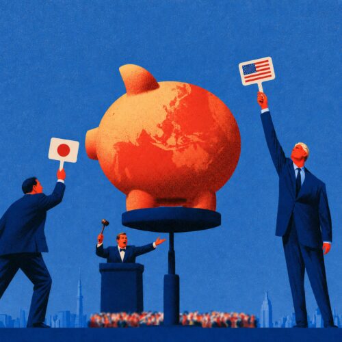 Illustration d'une vente aux enchères où des représentants du Japon et des États-Unis s'affrontent pour une tirelire géante.