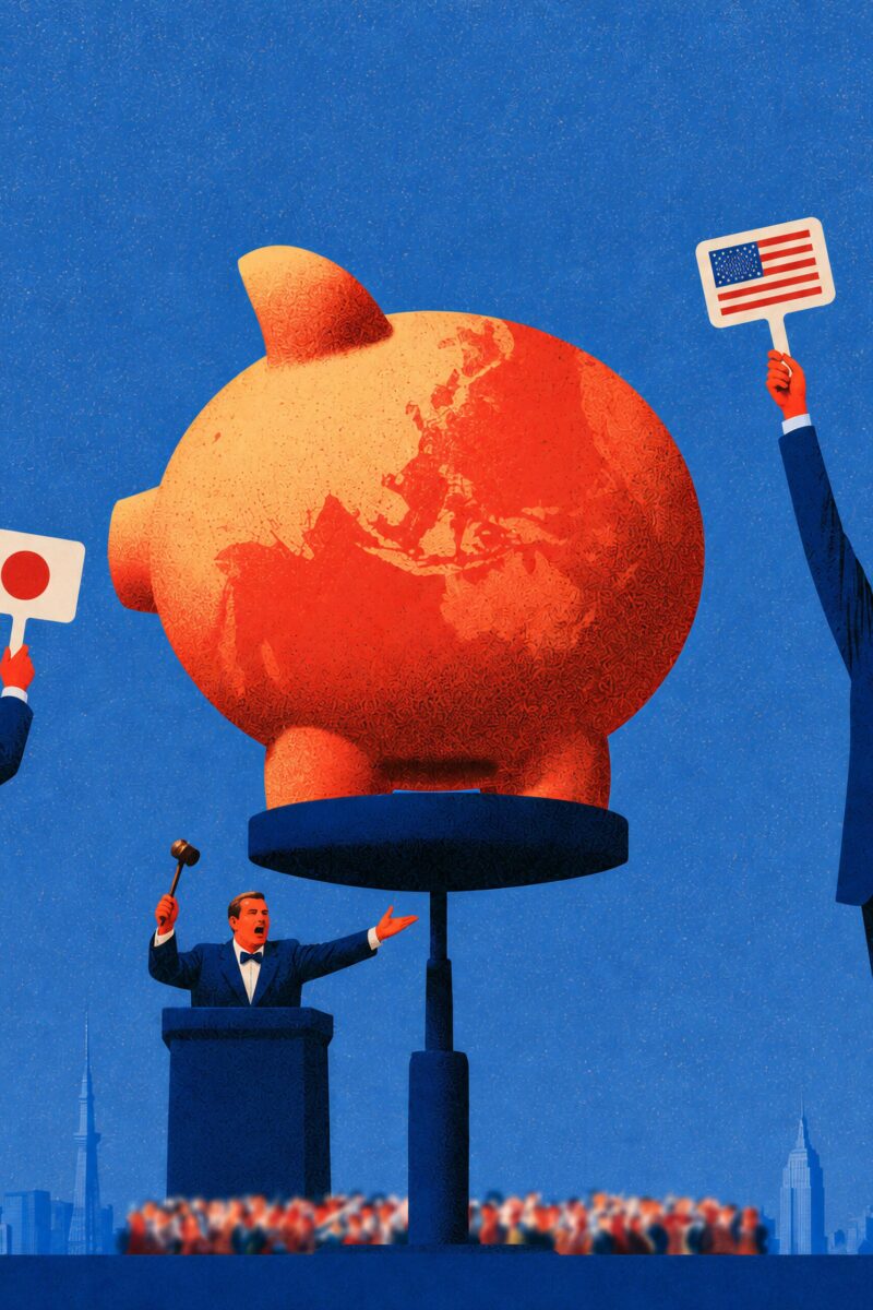 Illustration d'une vente aux enchères où des représentants du Japon et des États-Unis s'affrontent pour une tirelire géante.