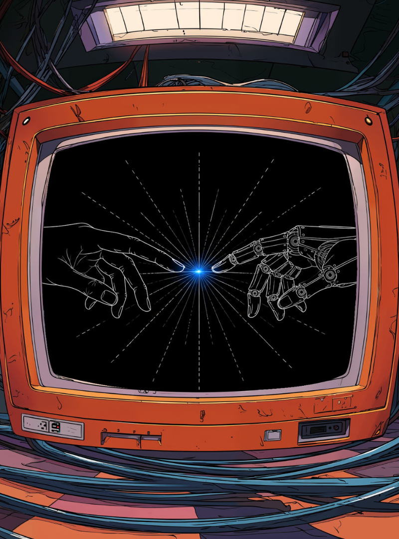 Une télévision orange rétro affichant une illustration au trait d'une main humaine et d'une main robotique se touchant du bout des doigts avec une étincelle bleue.