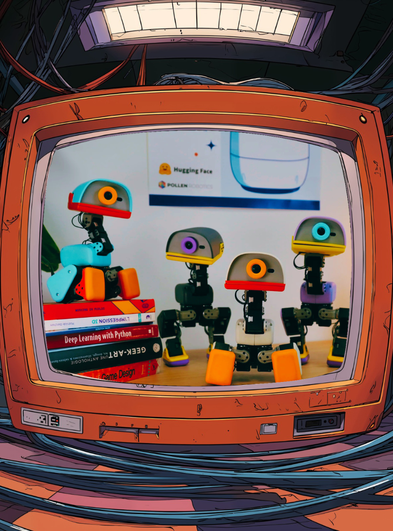 Un écran de télévision rétro encadré de câbles affichant de petits robots articulés posés près de livres de technologie.