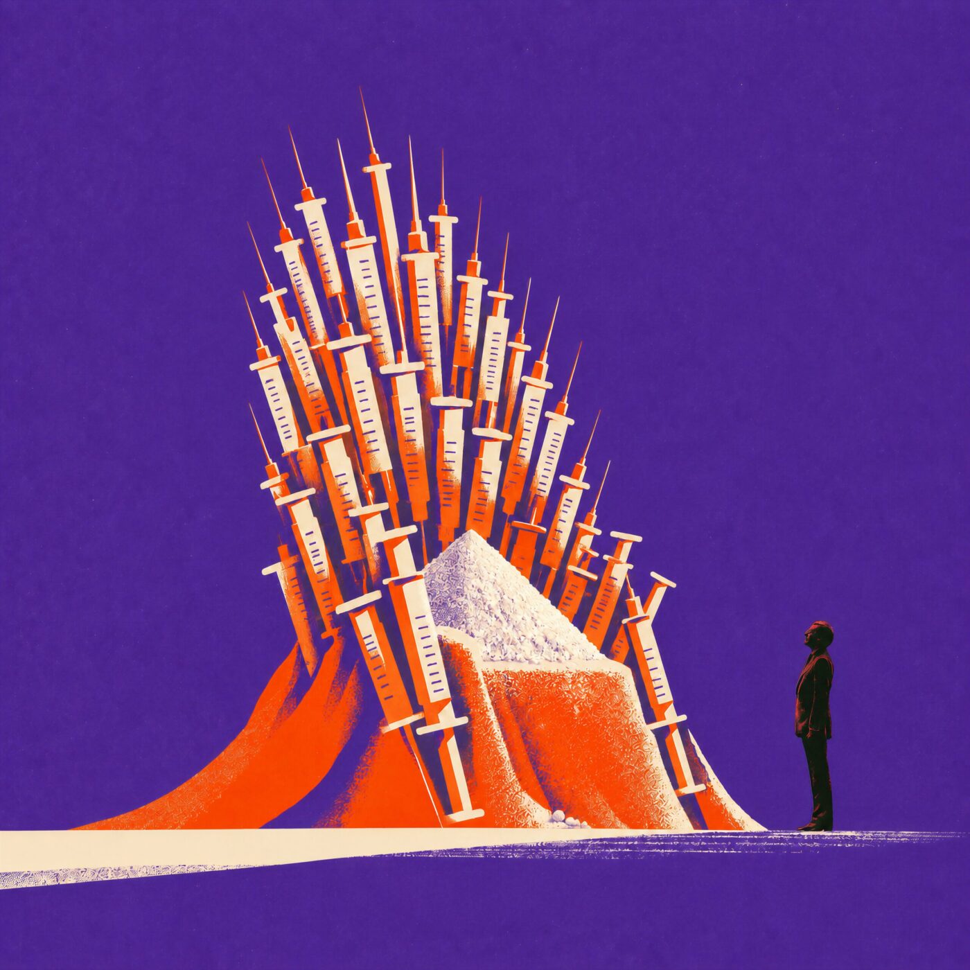 Illustration d'un homme observant un trône imposant formé de seringues et d'une montagne de poudre blanche.