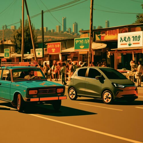 Illustration rétro d'une vieille voiture bleue et d'une voiture moderne roulant sur une route animée bordée de commerces avec une ville en arrière-plan