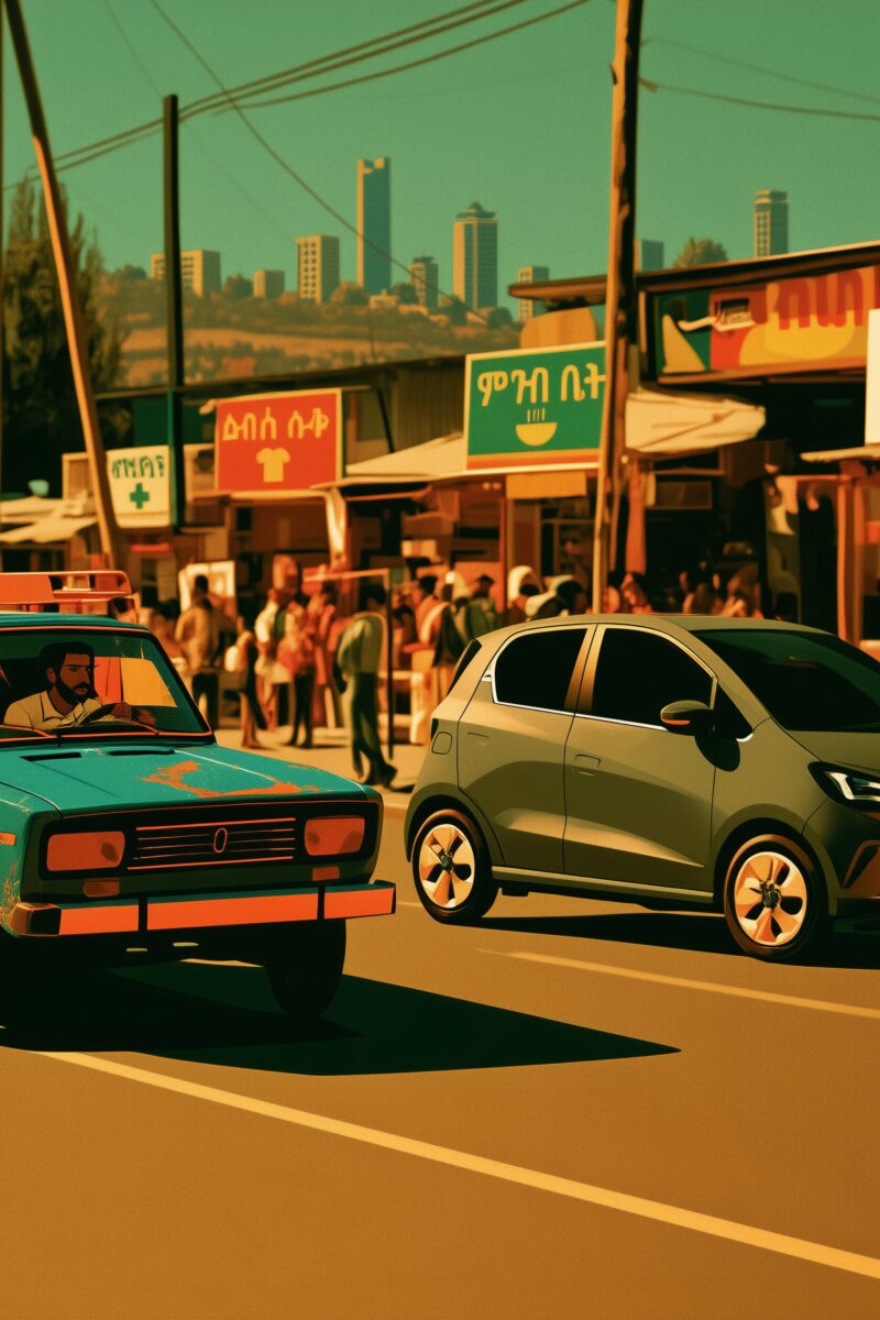 Illustration rétro d'une vieille voiture bleue et d'une voiture moderne roulant sur une route animée bordée de commerces avec une ville en arrière-plan