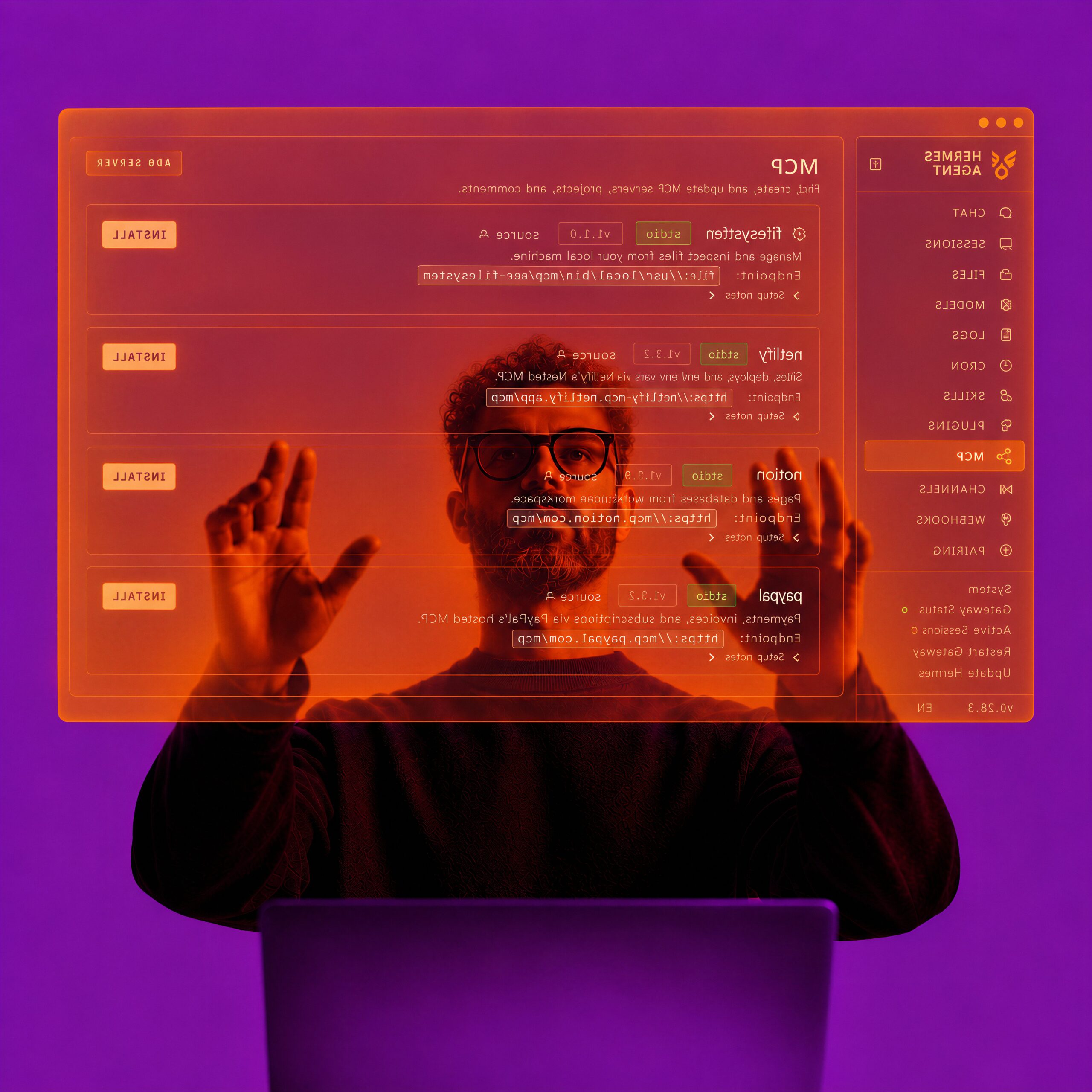 Un homme à lunettes interagit avec une interface numérique orange transparente sur fond violet.