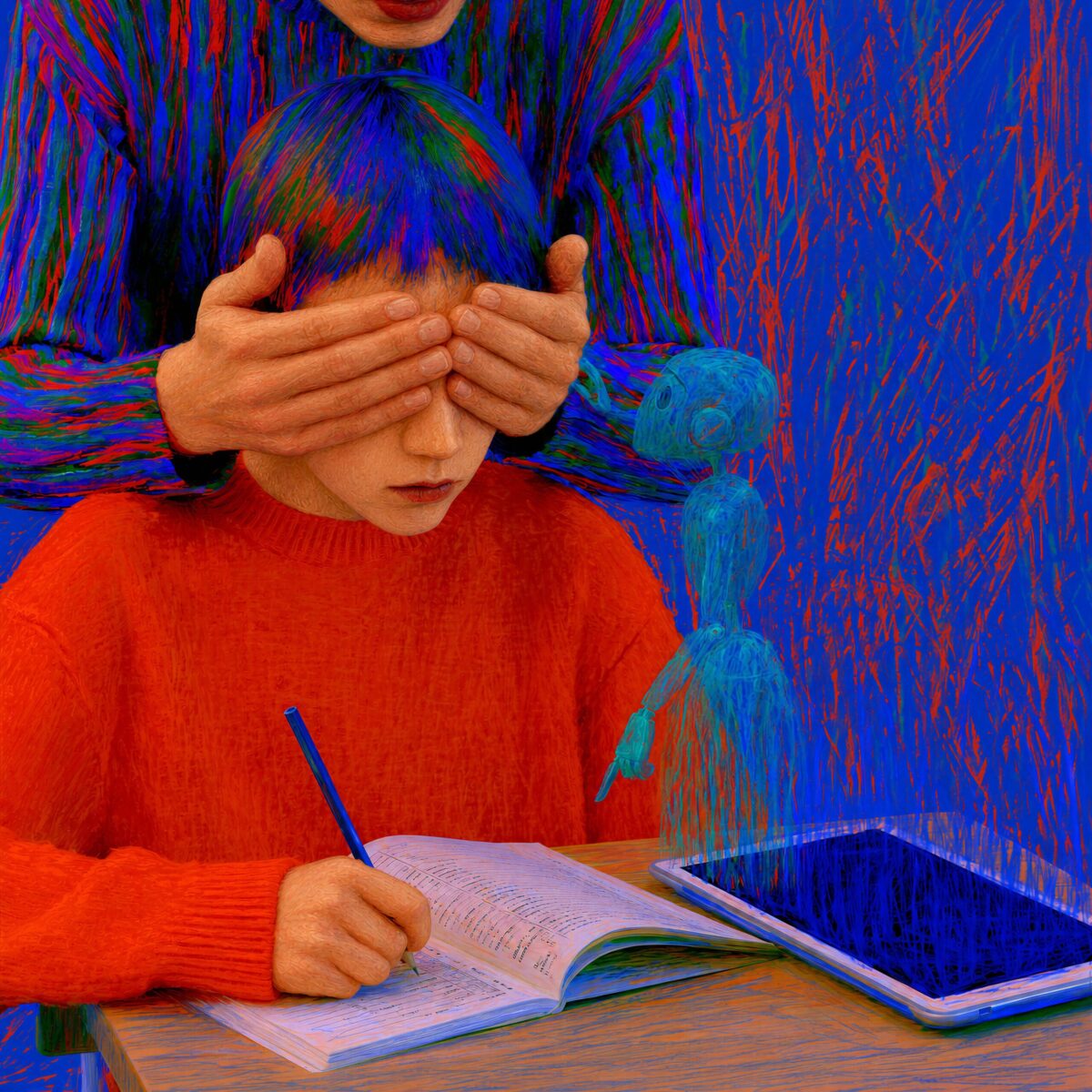 Enfant écrivant les yeux masqués Un enfant aux yeux masqués par les mains d'un adulte continue d'écrire dans un cahier à côté d'un hologramme bleu.