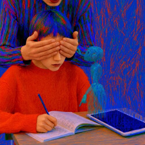 Un enfant aux yeux masqués par les mains d'un adulte continue d'écrire dans un cahier à côté d'un hologramme bleu.