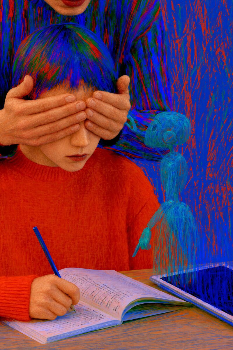Un enfant aux yeux masqués par les mains d'un adulte continue d'écrire dans un cahier à côté d'un hologramme bleu.