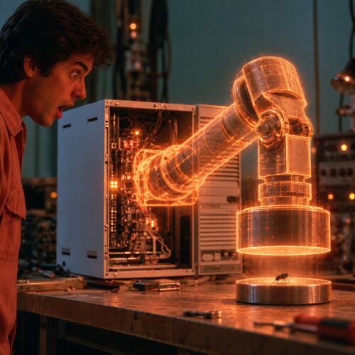 Un technicien stupéfait observe un bras robotique holographique orange sortant d'un ordinateur pour viser un insecte.