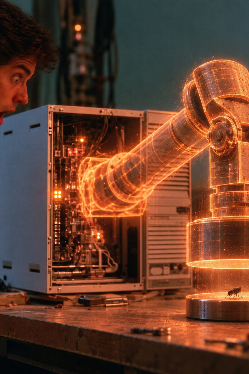 Bras robotique holographique et débogage informatique Un technicien stupéfait observe un bras robotique holographique orange sortant d'un ordinateur pour viser un insecte.