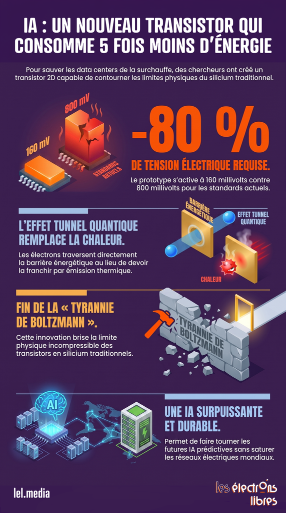 Infographie expliquant le fonctionnement d'un nouveau transistor 2D réduisant par cinq la consommation énergétique des data centers de l'IA.