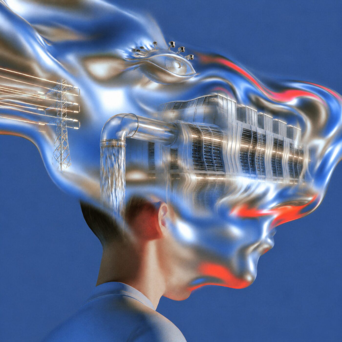 Illustration surréaliste de profil où une tête humaine fusionne avec du métal liquide enveloppant un centre de données et des infrastructures énergétiques.