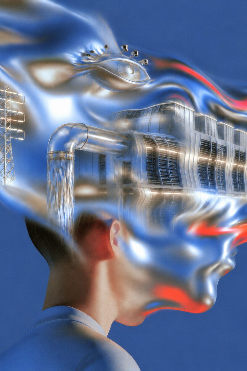 Illustration surréaliste de profil où une tête humaine fusionne avec du métal liquide enveloppant un centre de données et des infrastructures énergétiques.