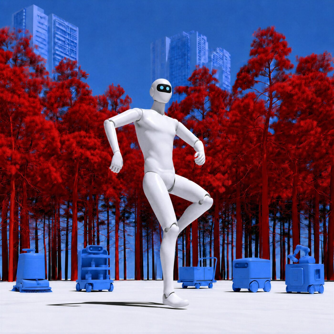 Un robot humanoïde blanc effectuant un pas de danse devant une forêt d'arbres rouges et des immeubles modernes.