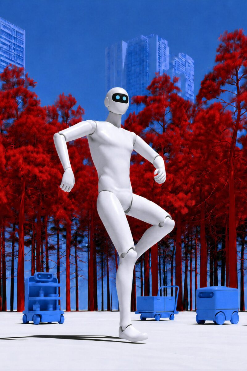 Un robot humanoïde blanc effectuant un pas de danse devant une forêt d'arbres rouges et des immeubles modernes.