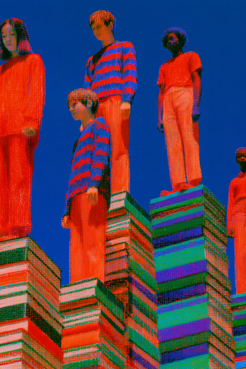 Cinq personnes vêtues de tenues rouges et bleues debout sur d'imposantes piles de livres colorés sur fond bleu intense.