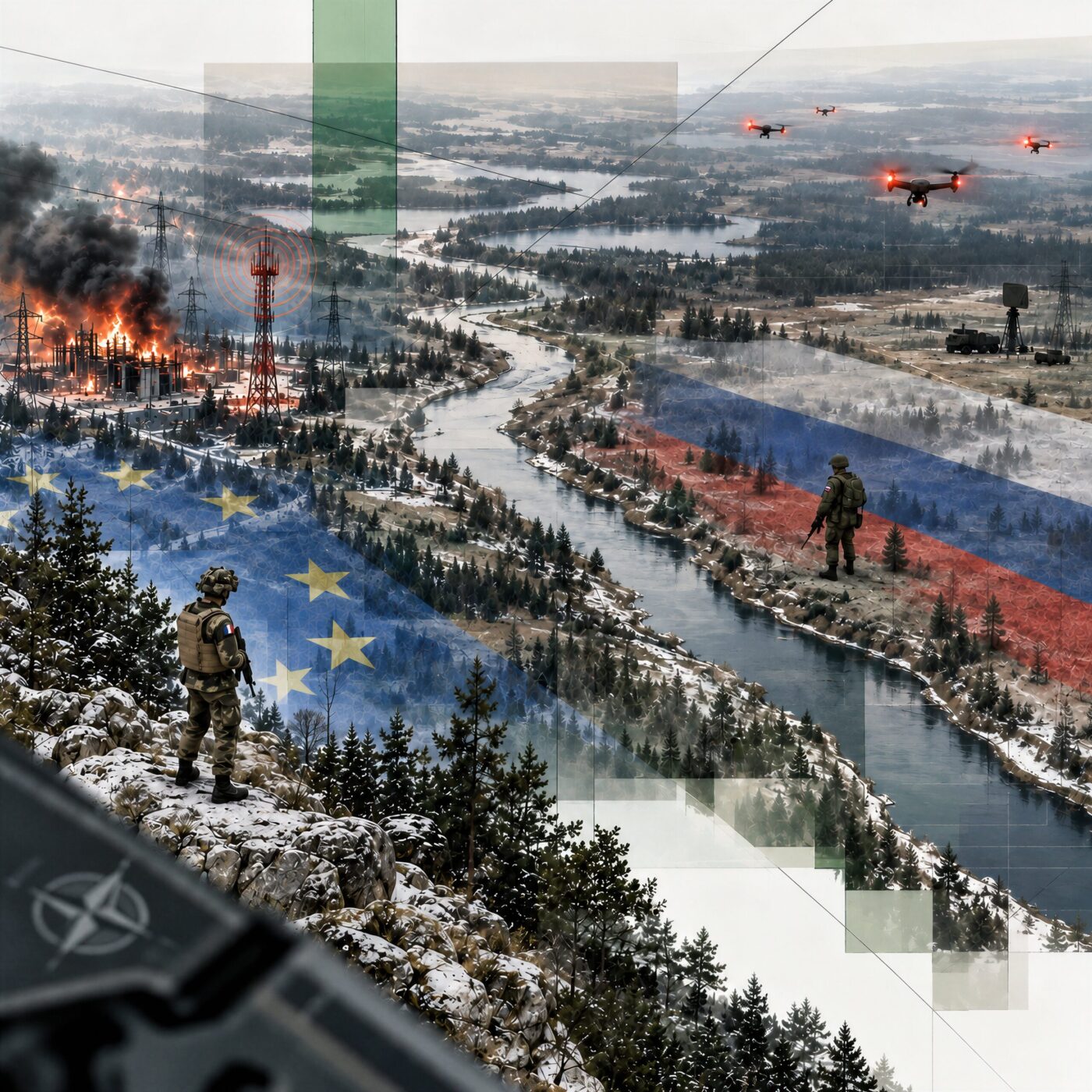 Illustration conceptuelle des tensions géopolitiques montrant deux soldats séparés par une rivière sous les drapeaux européen et russe.