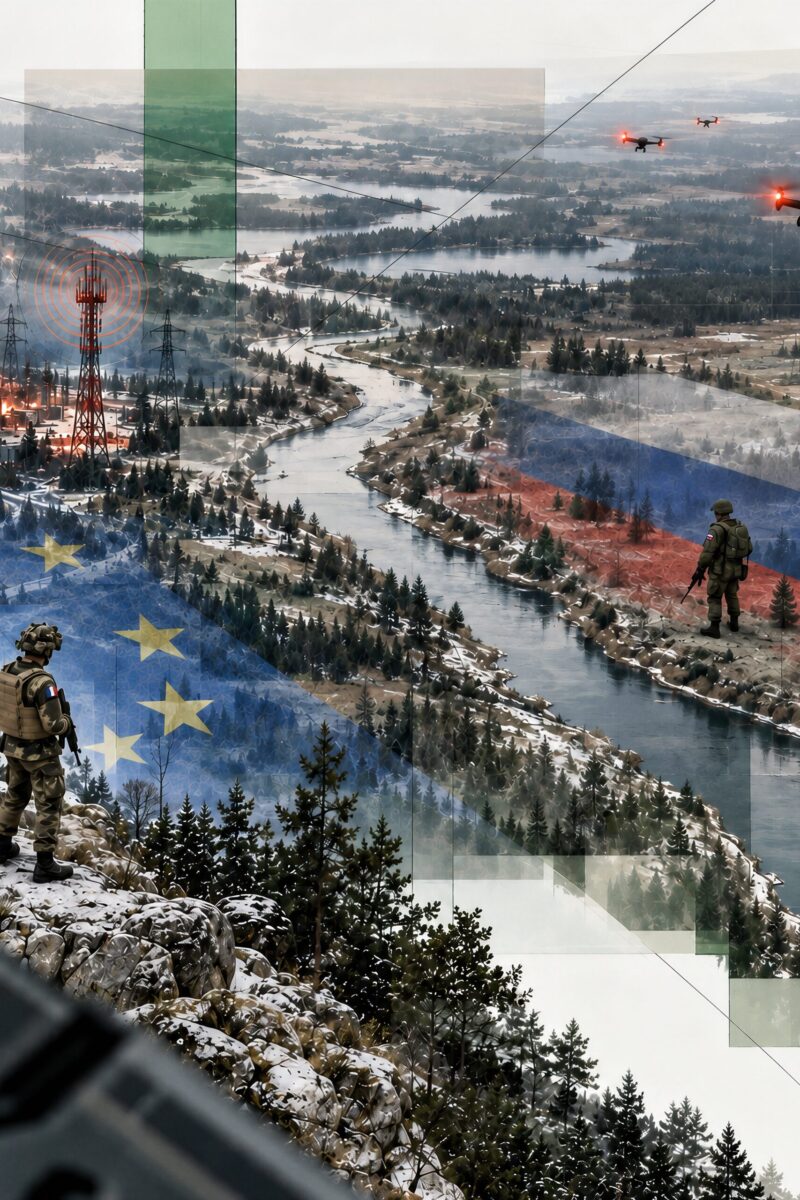 Illustration conceptuelle des tensions géopolitiques montrant deux soldats séparés par une rivière sous les drapeaux européen et russe.