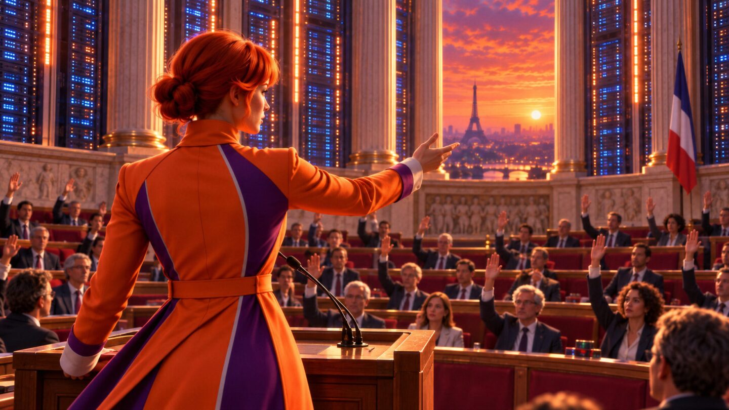 Céleste intervient à la tribune d'un parlement futuriste devant une assemblée votant à main levée.